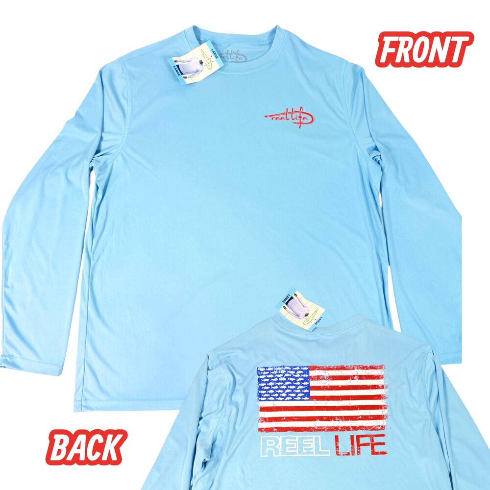 NWT‎ Reel Life Men's Large Blue American Flag Fish Performance Fishing Shirt